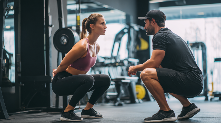 운동 초보자가 헬스장에서 스쿼트를 하는 모습. 앞에 트레이너가 자세를 교정해주고 있다.