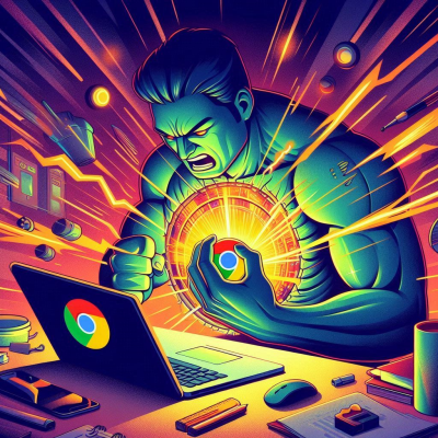 사람이 강렬한 에너지를 내뿜으며 노트북에서 크롬 브라우저를 실행하는 모습.