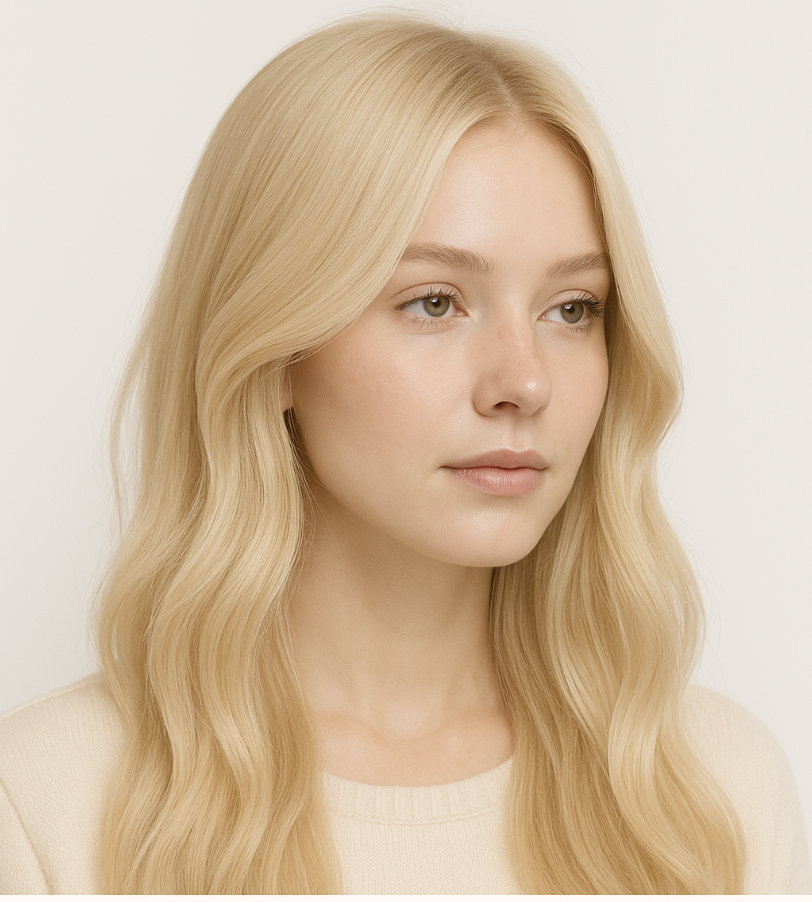 “오렌지빛과 핑크빛이 섞인 피치 베이지 컬러로 염색한 여성의 중간 길이 헤어컷. 생기 있고 혈색을 살려주는 여름 분위기의 헤어 컬러이며, 하단에 ‘피치 베이지 팔레트’ 색상표시가 포함됨.”