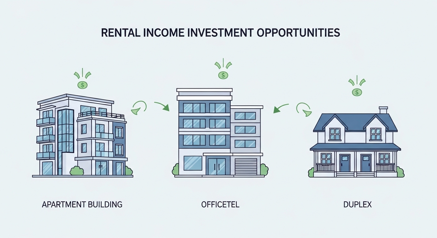 다양한 월세 투자 부동산 종류를 보여주는 인포그래픽: 소형 아파트, 오피스텔, 다가구 주택.