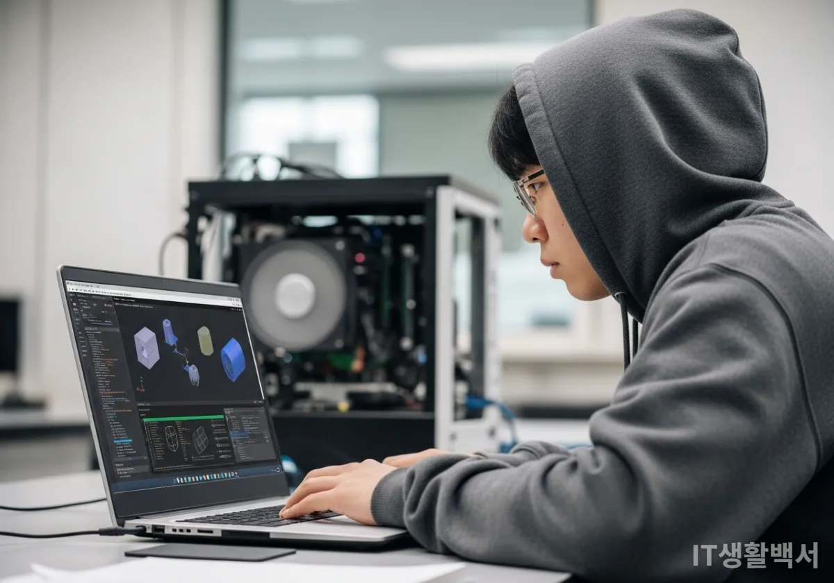 한국 공대생이 대학 연구실에서 고성능 노트북으로 3D 모델링 작업을 하는 모습
