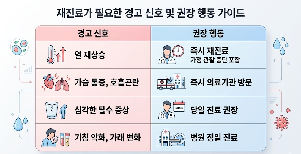 열 재상승과 호흡곤란 등 재진료가 필요한 경고 신호 정리