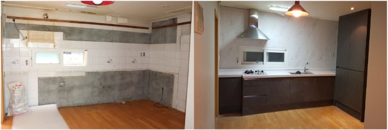 주방 싱크대 철거 및 타일 시공 과정 사진