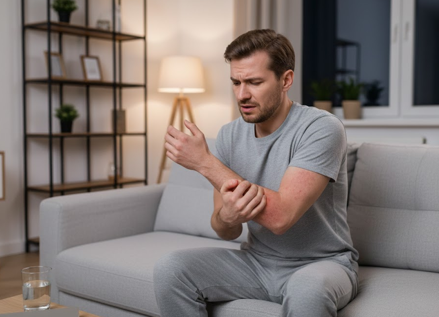 팔에 생긴 아토피 반응으로 가려움 때문에 잠을 못 자는 남성