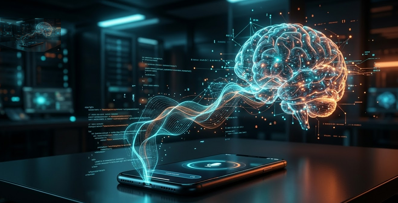 스마트폰 마이크를 통해 데이터가 흐르고 AI가 분석하는 시각화 이미지