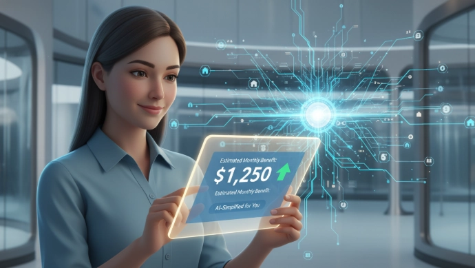 AI가 복잡한 소득인정액 계산을 간소화하여 태블릿 화면에 이해하기 쉽게 보여주는 모습, 미래지향적이고 희망찬 분위기