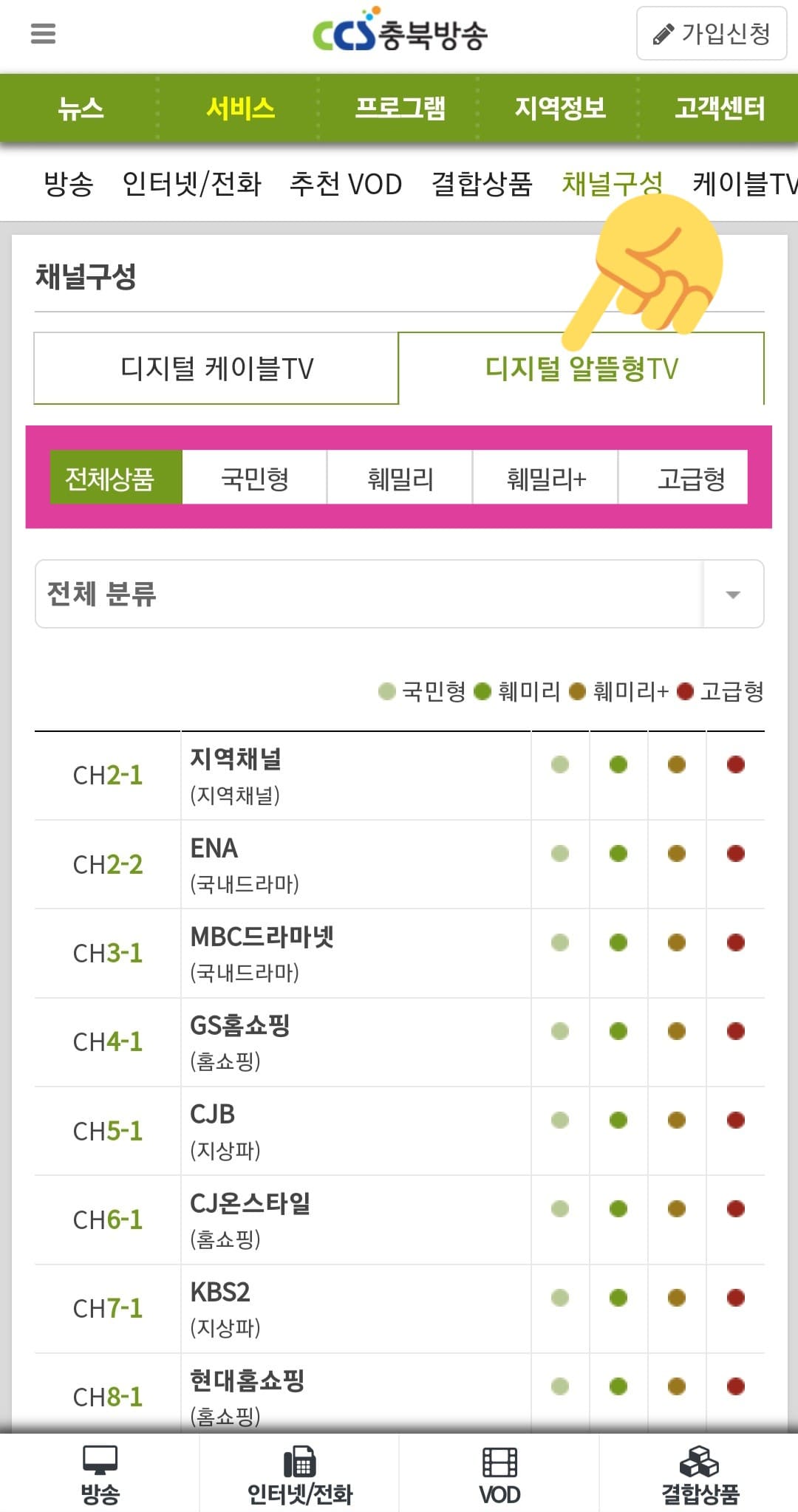 CCS충북방송-채널번호-및-편성표-확인-방법-안내-디지털-알뜰형TV는-국민형,-훼밀리,-훼밀리+,-고급형의-요금제로-구성되어-있습니다.