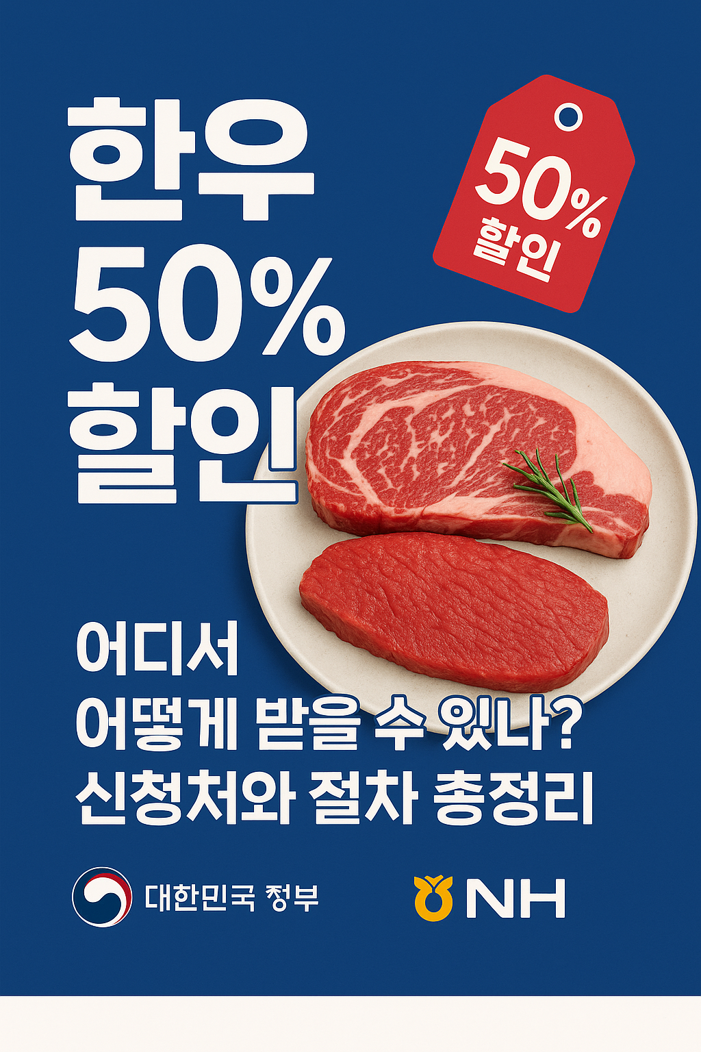 &lsquo;한우 50% 할인&rsquo; 텍스트와 함께 한우 등심&middot;불고기 사진, 할인 태그, 정부&middot;농협 로고가 배경에 어우러진 이미지