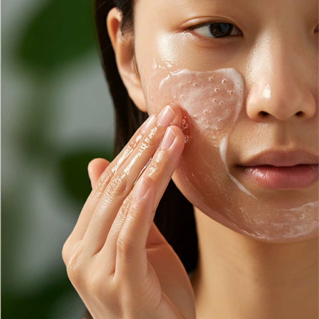 피부에 필링 젤을 바르는 모습, 손으로 투명한 젤을 얼굴에 문지르는 장면
