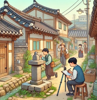 주민과 조사자가 함께 동네 유적을 살펴보는 모습