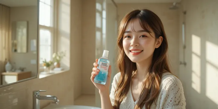 가그린 사용법을 보여주며 미소 짓는 여성이 제품을 들고 있는 모습