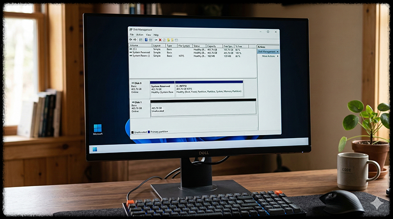 Windows 디스크 관리에서 SSD 상태를 확인하는 모습