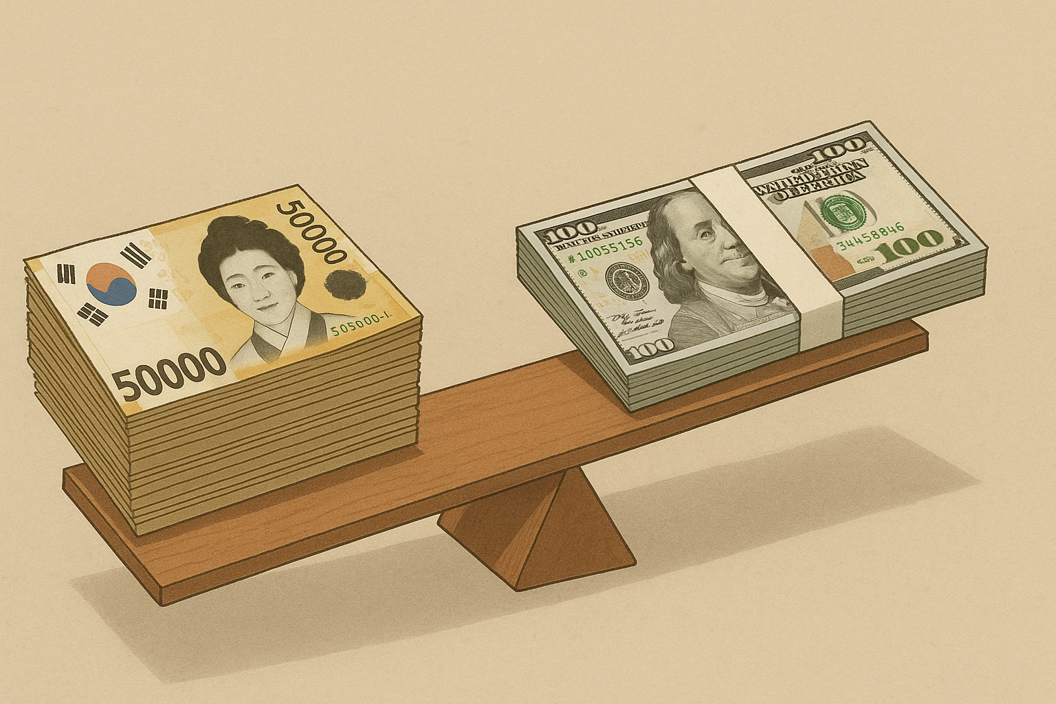 한국돈과 미국돈이 시소를 타는 그림
