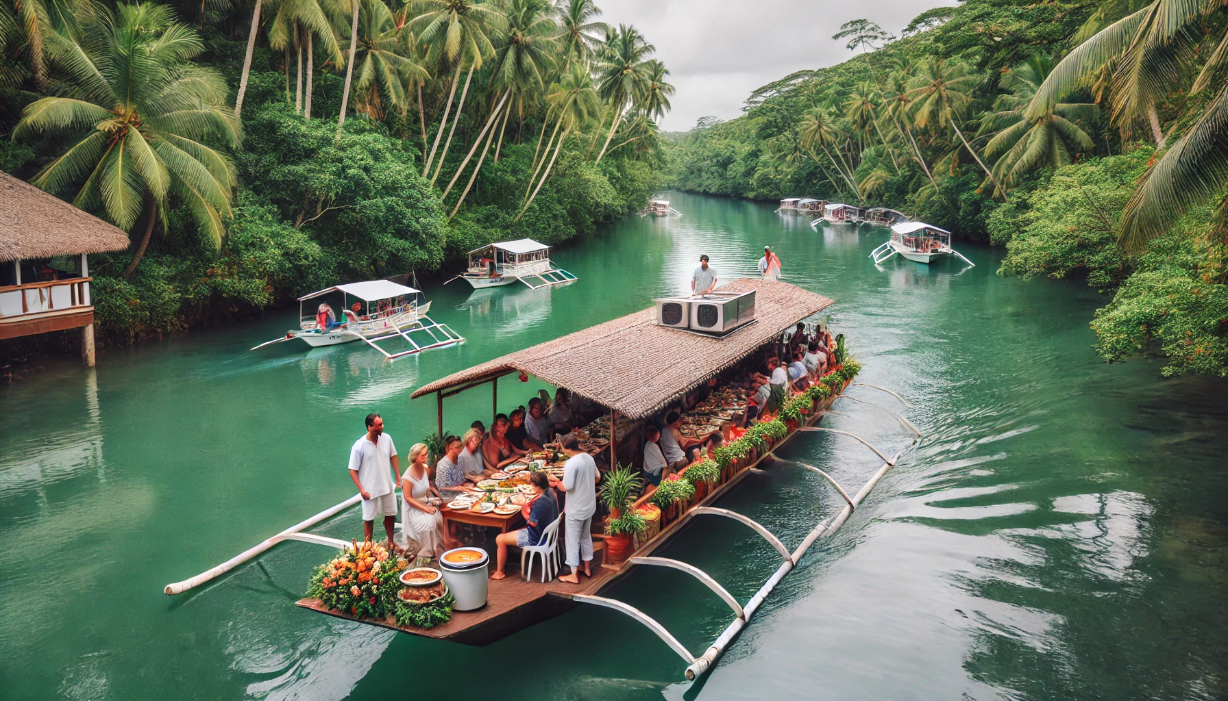 로복 강 위를 운행하는 크루즈와 뷔페 식사 모습