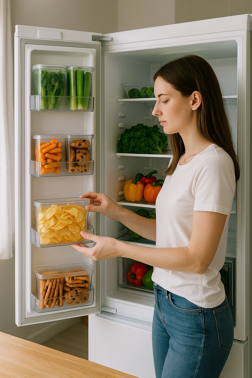 냉장고 신선도를 체크하고 있는 여자