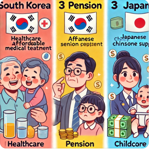 일본-한국 3대 복지 비교 : 의료보험, 아동 및 청년, 노인복지 연금제도 관련 사진