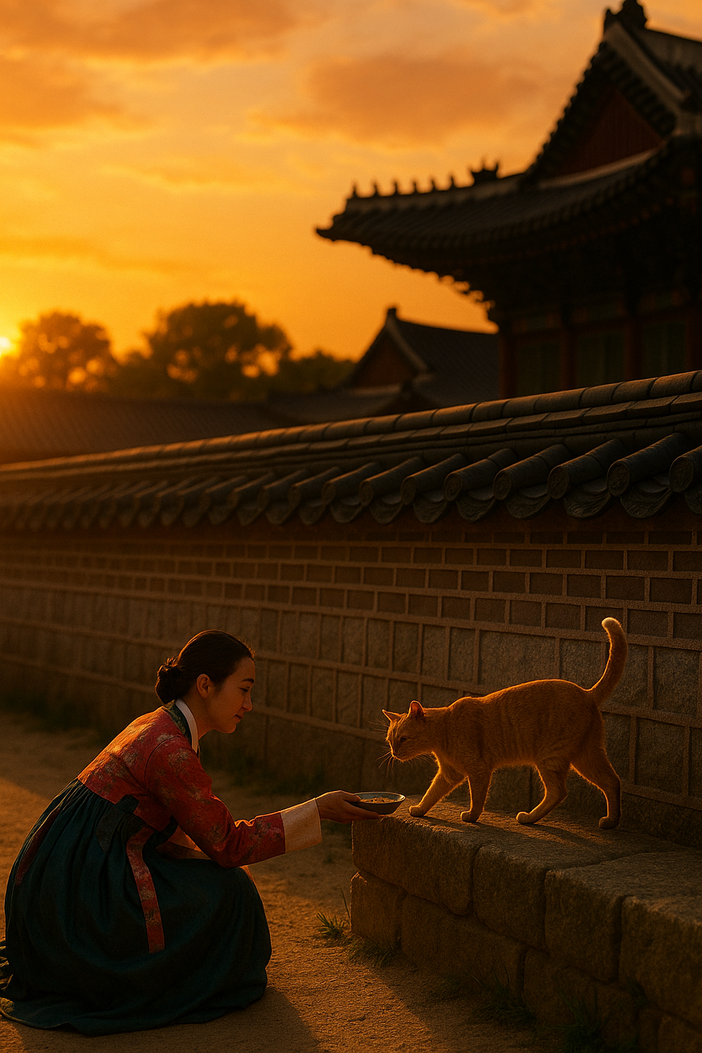 고양이에게 먹이를 주는 여인