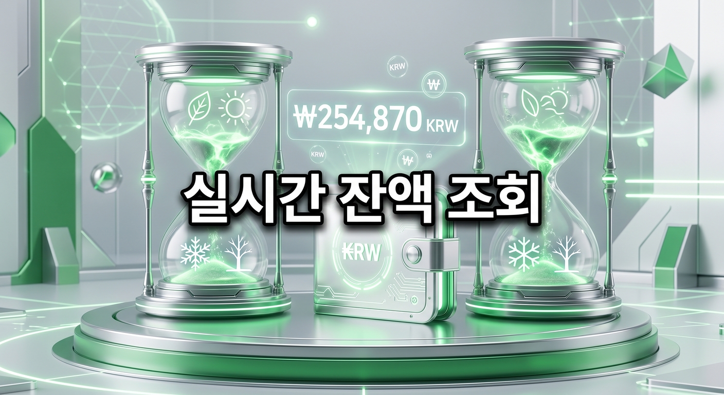 엄격한 사용 기한을 나타내는 빛나는 모래시계와 디지털 지갑 위로 실시간 잔액을 보여주는 숫자가 떠 있는 3D 일러스트 배경에, 짙은 그림자와 외곽선으로 선명하게 강조된 '실시간 잔액 조회'라는 한글 문구가 중앙에 적힌 이미지