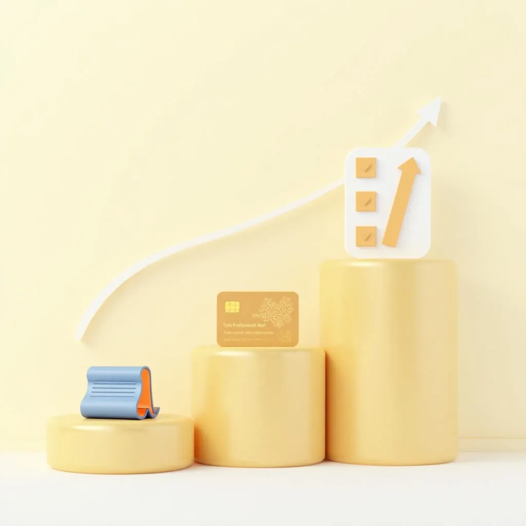 개인사업자 사업용 계좌 분리 운영 3단계 프로세스를 보여주는 이미지. 밝은 골드-화이트 그라데이션 배경에 계단식으로 상승하는 3개의 원형 플랫폼이 배치됨. 1단계(가장 낮음)는 파스텔 블루 통장 아이콘으로 계좌 1개 지정, 2단계(중간)는 골드 카드 아이콘으로 카드 분리, 3단계(가장 높음)는 체크리스트 아이콘으로 정산 루틴 구축을 상징하며, 우측 상승 화살표가 진행 방향을 표시함. 단계별 성장과 개선을 표현하는 금융 가이드 이미지