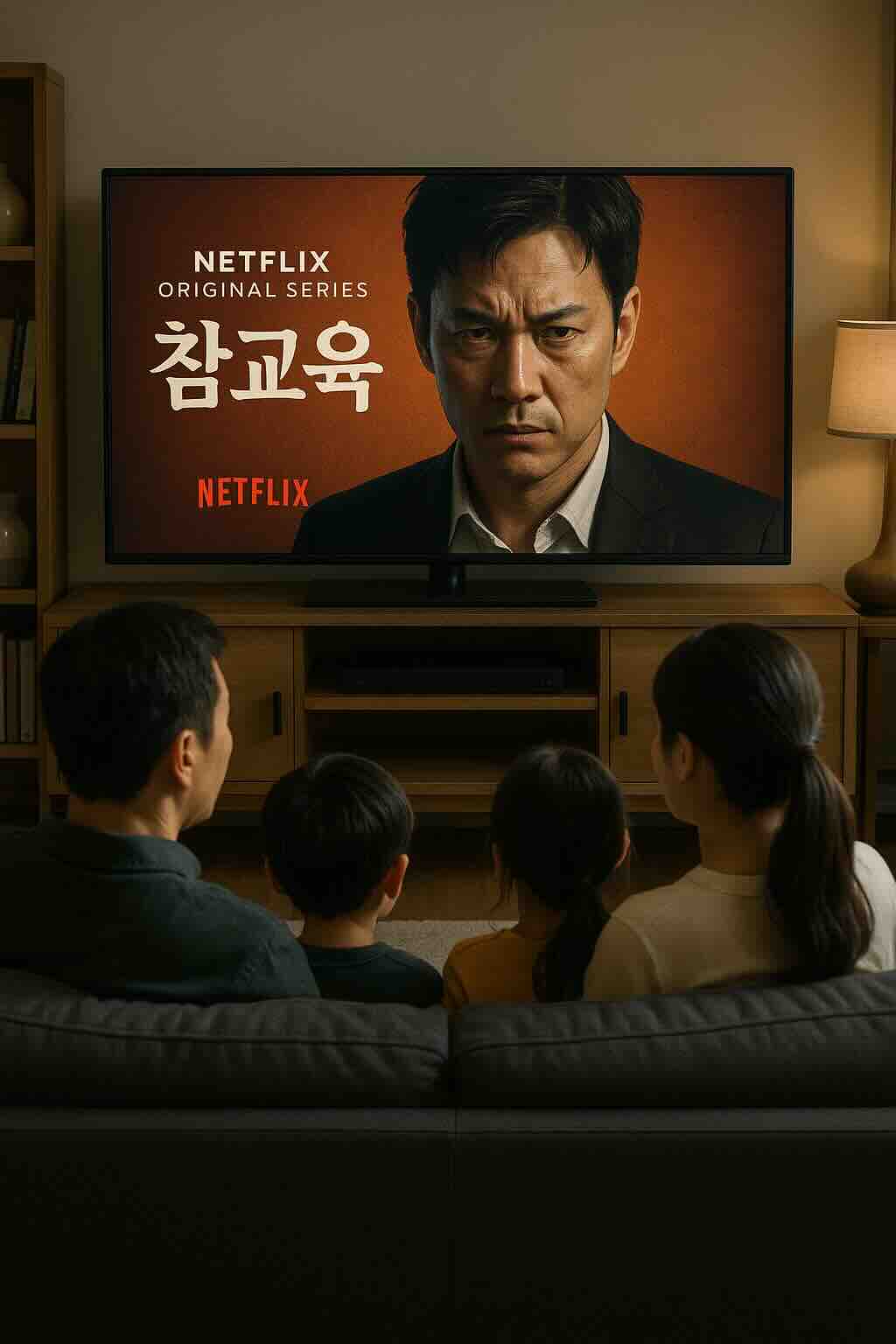 넷플릭스에서 참교육 드라마 예고편을 시청하는 한국 가정