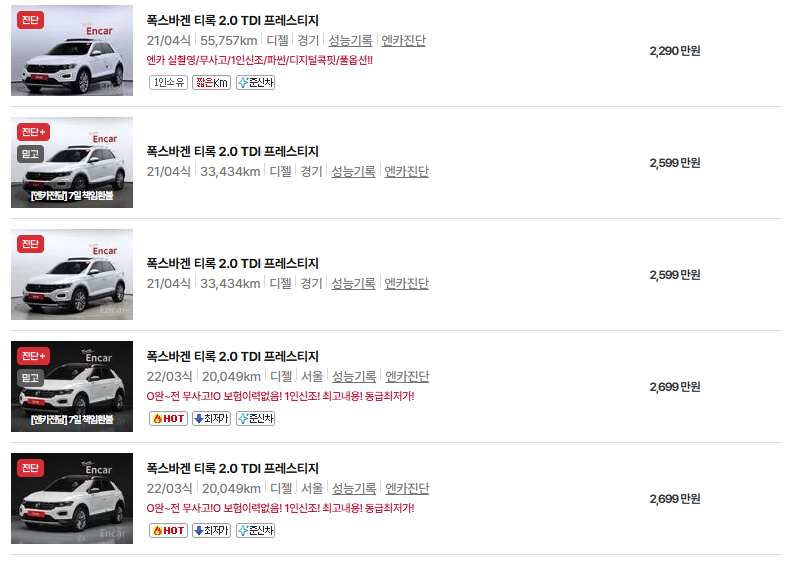 폭스바겐 티록 중고차 가격 시세표 연비