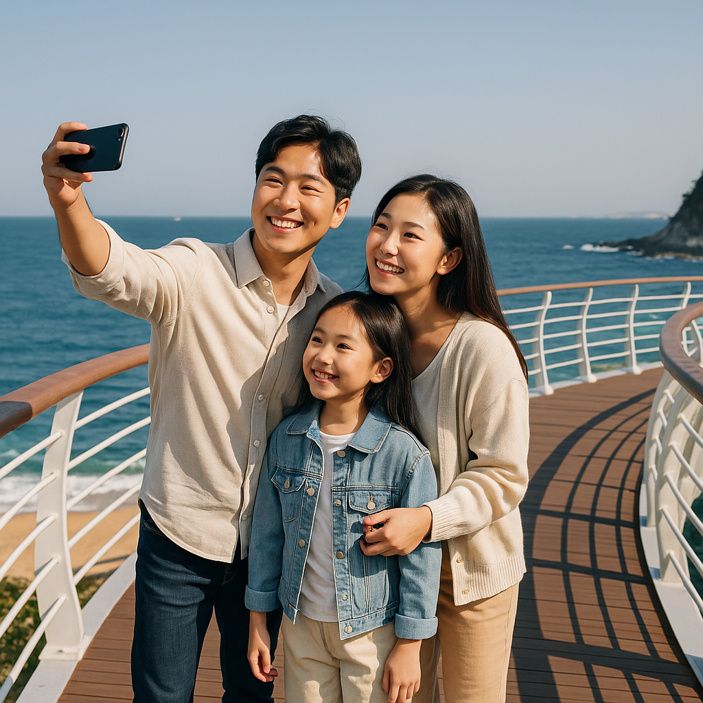 송도 구름산책로에서 바다를 배경으로 사진을 찍는 가족의 모습