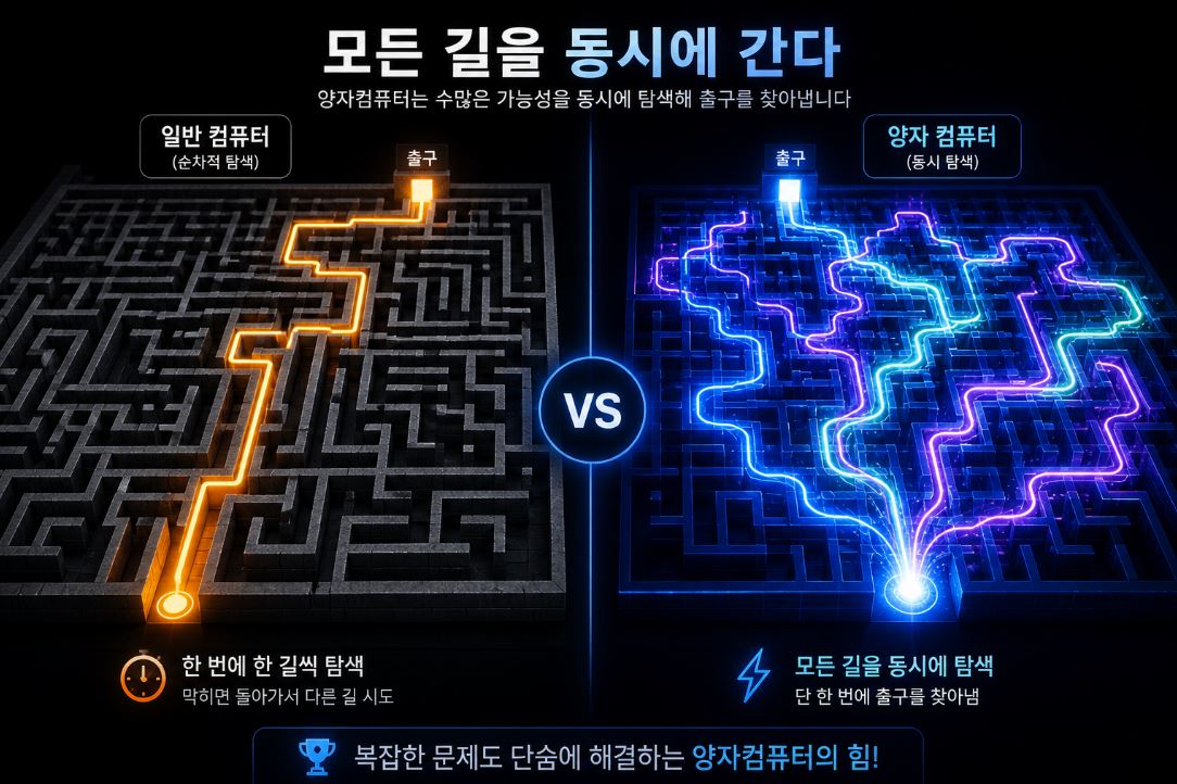 양자컴튜터 중첩을 미로에 비유한 이미지