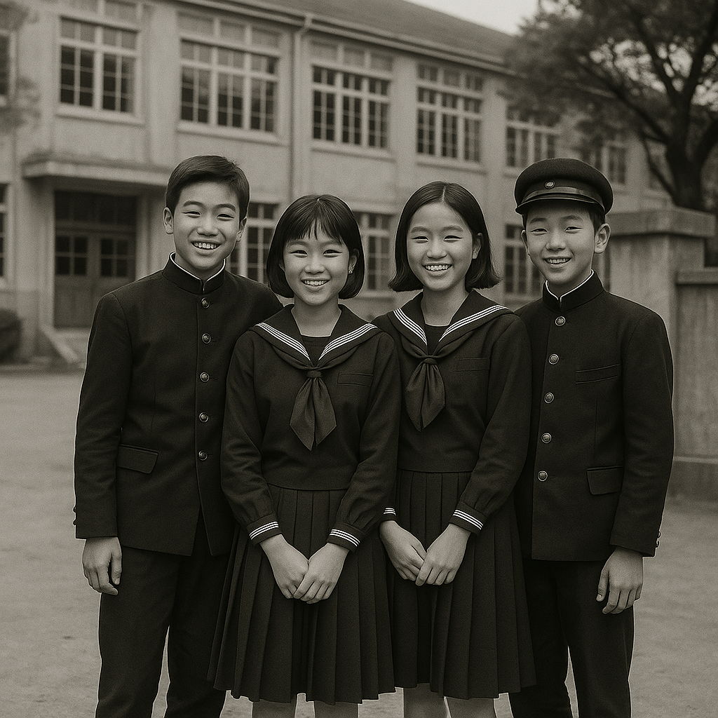 옛날 교복 입고 학교 앞에서 사진 찍는 중학생들, 1970년대 느낌 흑백사진