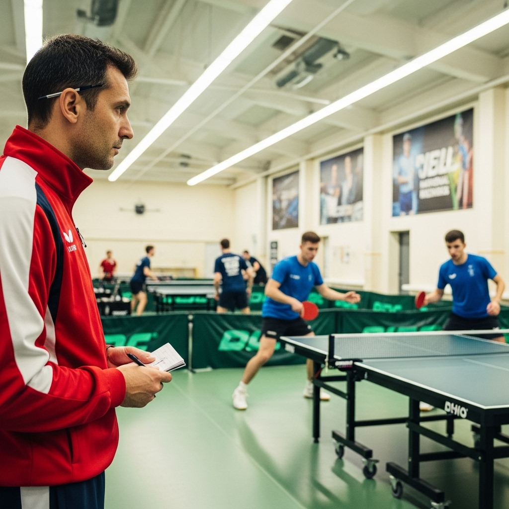중국 탁구 국가대표 훈련장에서 코치가 선수들의 훈련을 진지하게 지켜보는 모습.