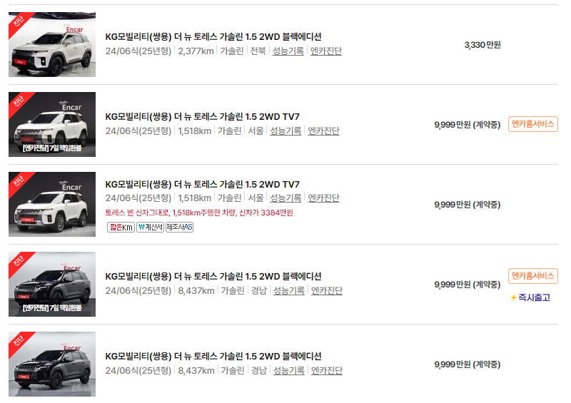 KG모빌리티 토레스 중고차 가격 시세표 24년10월