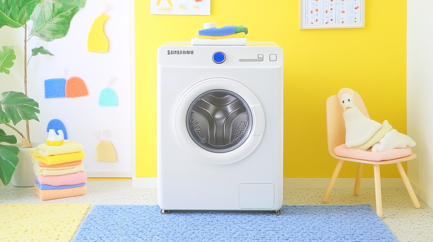 미니멀하고 현대적인 세탁실에 놓인 삼성 세탁기를 보여주는 고해상도 이미지. 주변은 깔끔하고 정돈된 공간으로 이루어져 있으며, 부드러운 조명이 비추고 있습니다.