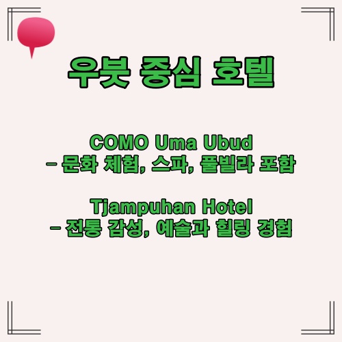 우붓 중심지에서 문화 체험과 휴식을 즐길 수 있는 추천 숙소 목록입니다.