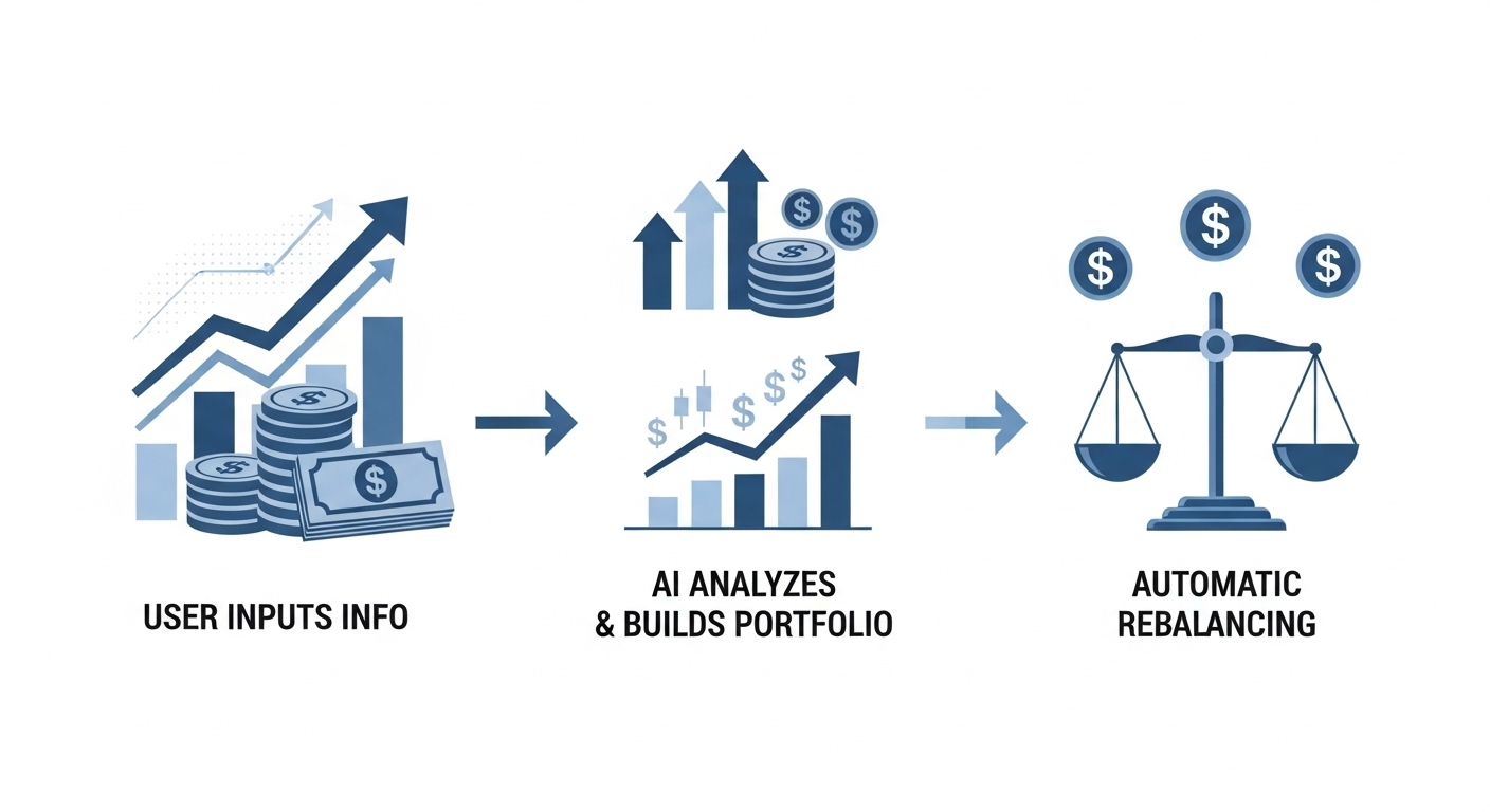 로보어드바이저의 자동 포트폴리오 관리와 수익률 향상 과정을 도표 형태로 보여주는 인포그래픽.