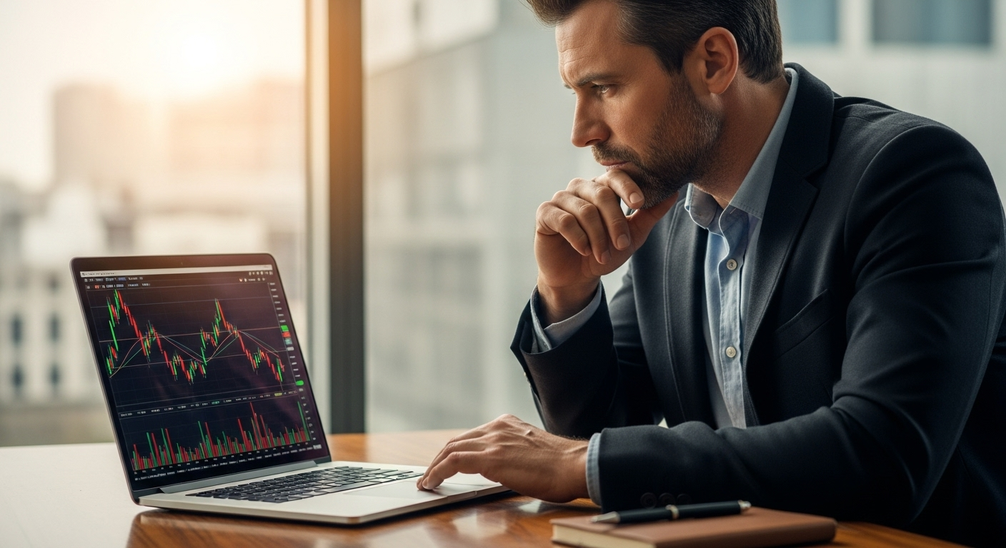하락하는 주가 그래프를 보며 손절 타이밍을 고민하는 투자자의 모습