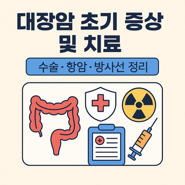 "대장암 초기 증상과 치료 방법으로 수술, 항암, 방사선 치료를 설명하는 대표 이미지로 대장과 의료 심볼이 포함된 디자인