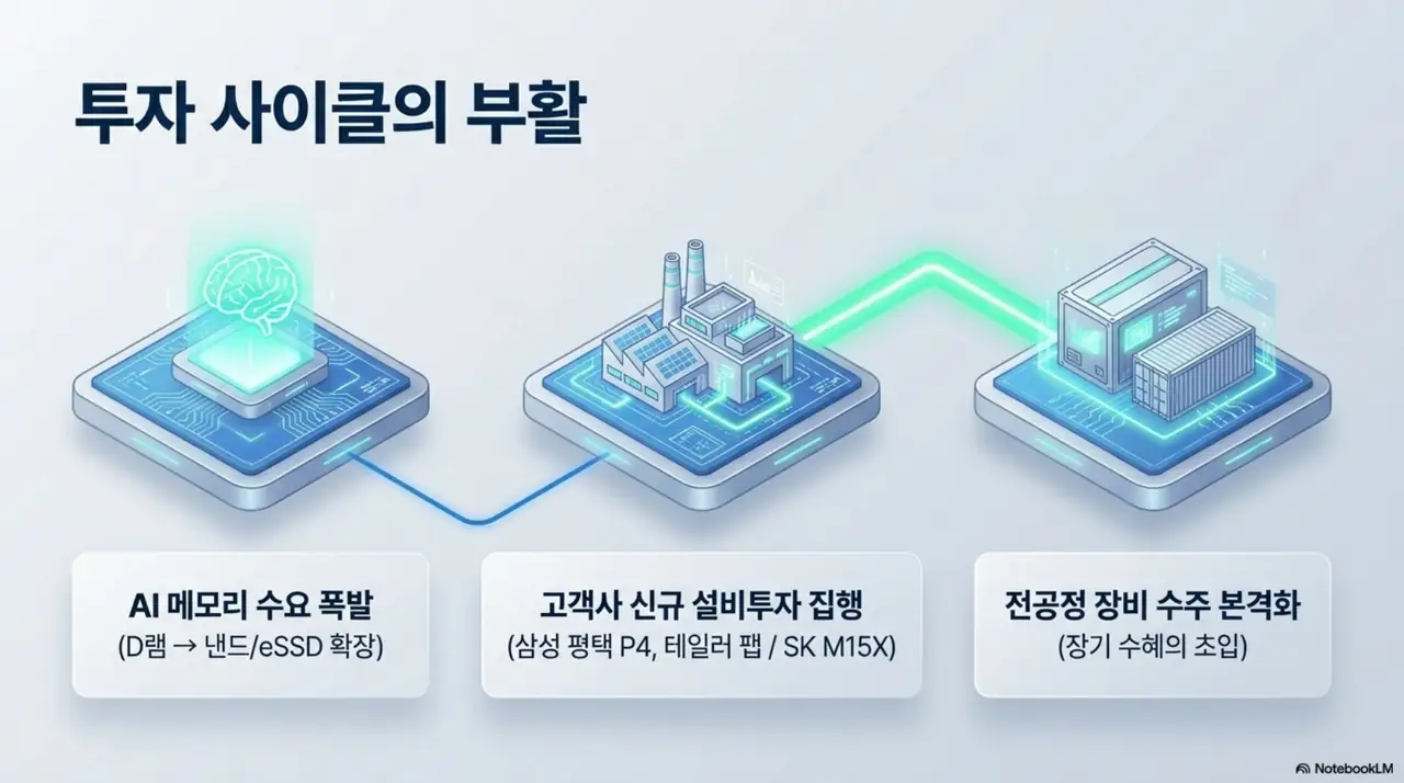 원익IPS가 속한 반도체 투자 사이클 흐름도 이미지. AI 메모리 수요 폭발에서 삼성 평택 P4&middot;테일러 팹과 SK M15X 고객사 설비투자 집행을 거쳐 원익IPS 전공정 장비 수주 본격화로 이어지는 구조를 시각적으로 전달함. 블로그의 원익IPS 급등 배경과 관련된 내용을 설명함 