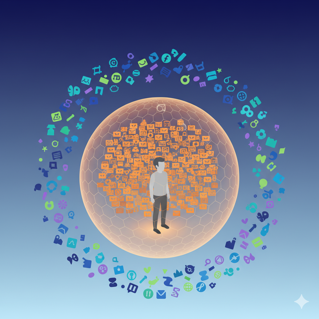 필터버블 안에 갇힌 사용자와 밖의 다양한 콘텐츠를 시각화한 개념도 - 맞춤화 알고리즘이 만드는 정보의 제약