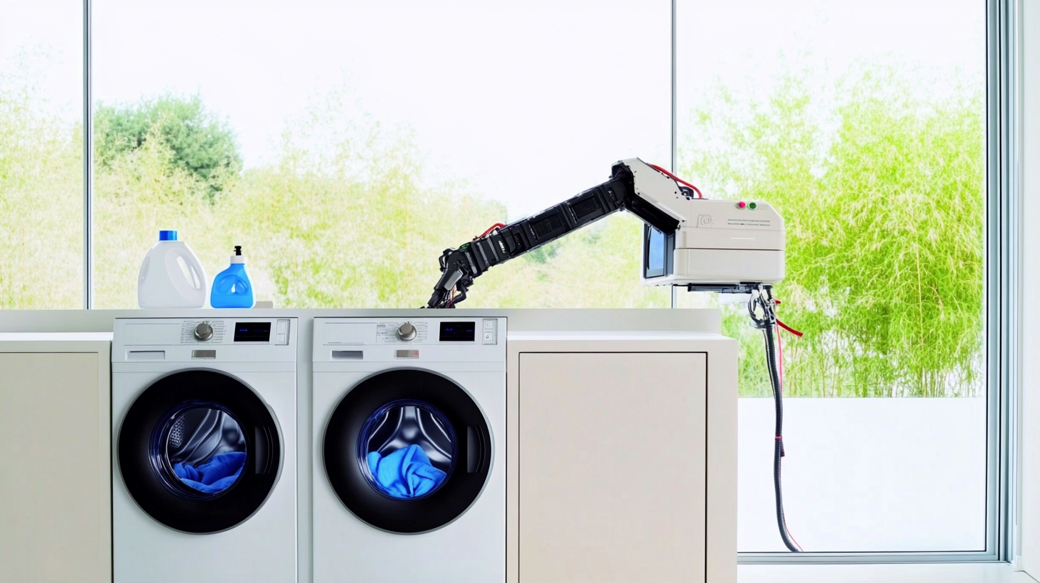 현대적인 세탁실에서 스마트 세탁기와 상호작용 중인 로봇 팔, 최첨단 AI 기술을 활용한 세탁 환경을 보여주는 모습