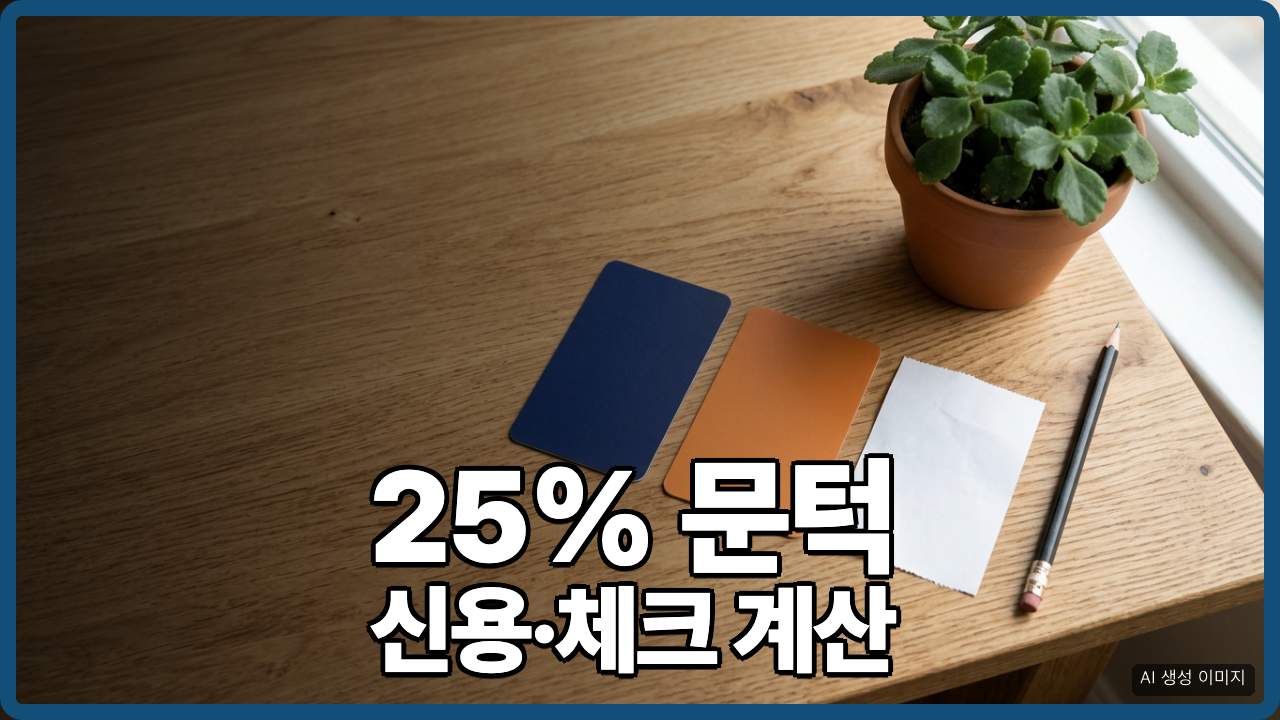 신용카드·체크카드와 영수증이 놓인 책상, 25% 문턱 계산 대표 이미지