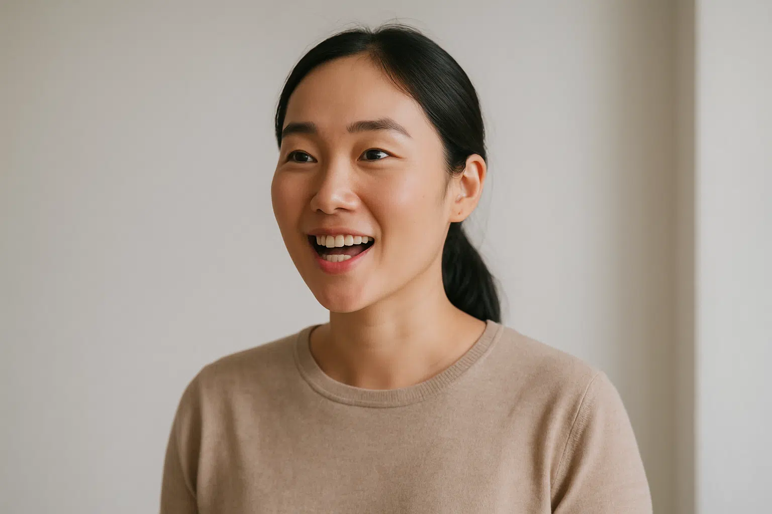 건강한 목소리로 말하며 미소 짓는 사람