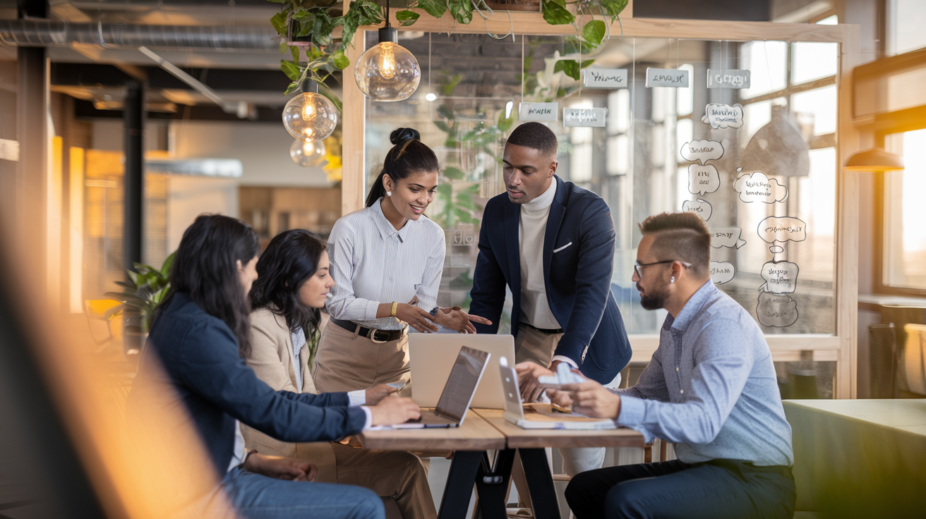 A collaborative team brainstorming ideas in a stylish, modern office with glass walls covered in notes, warm lighting, and a creative atmosphere.