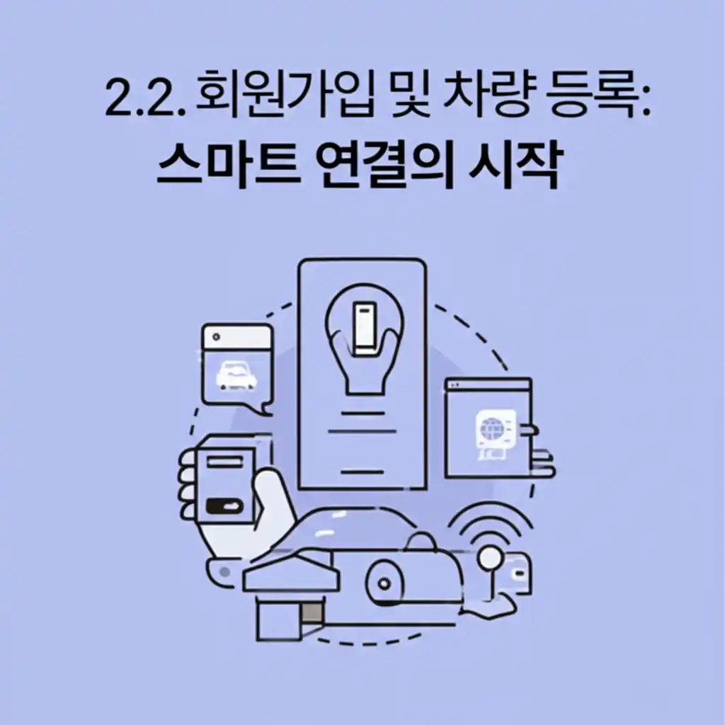마이현대 앱 설치 후 2.2. 회원가입 및 차량 등록 화면. 스마트 연결의 시작을 위한 필수 단계.