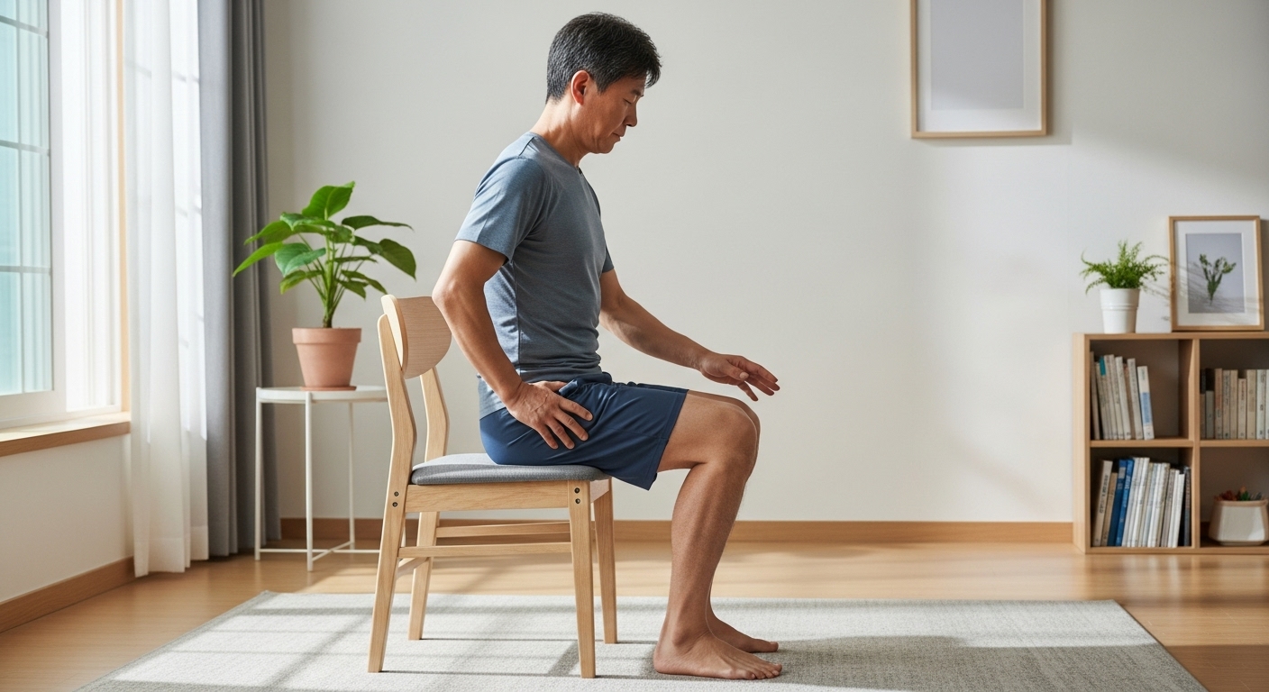 집에서 등받이 없는 의자에 천천히 앉았다 일어서는 '의자 스탠드' 운동을 하는 50대 남성