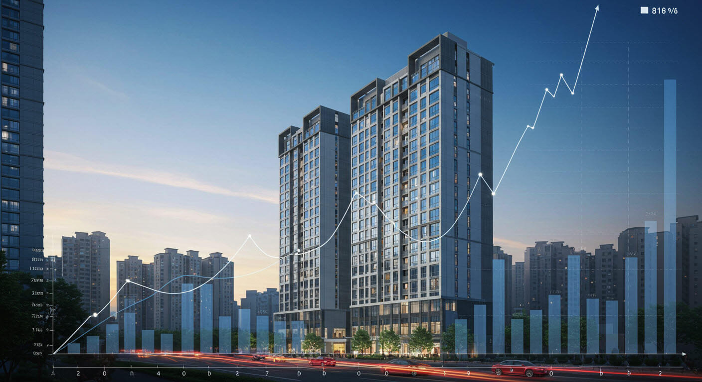 고급아파트에 그래프가 오버랩되어있다