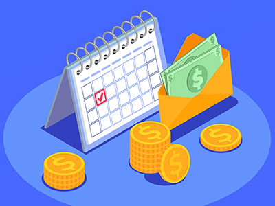돈이 담긴 봉투와 달력이 함께 있는 세금 마감일 일러스트