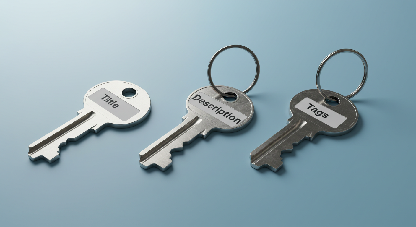 제목·설명·태그를 각각 상징하는 세 개의 열쇠를 배치한 심벌릭 스틸라이프 이미지