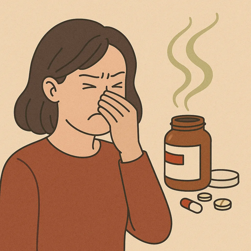 약-병-냄새를-싫어하며-코를-막는-여성의-일러스트
