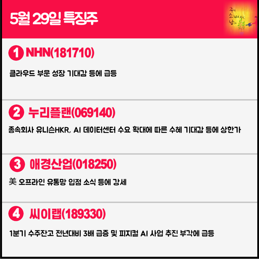 5월 29일 오늘의 특징주