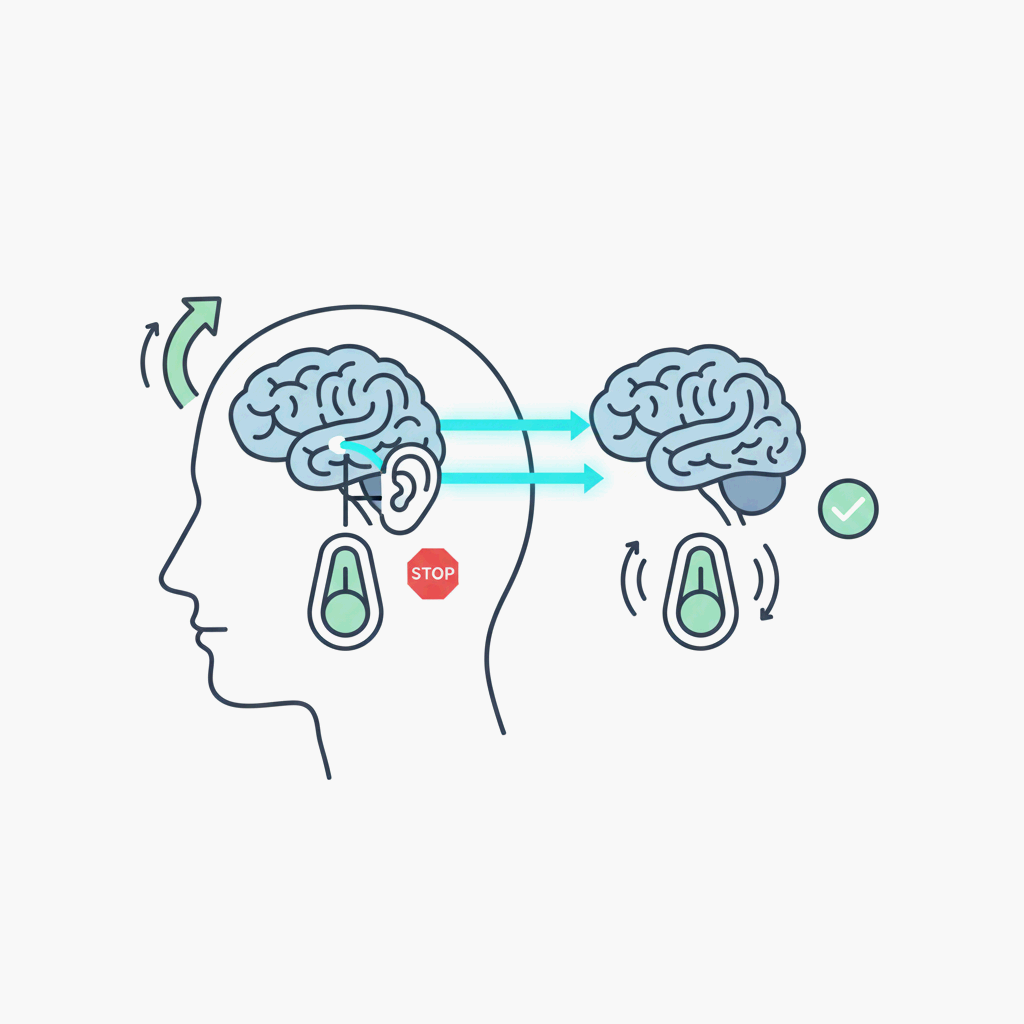 잠시 멈췄다 걸으면 리듬이 쉽게 돌아오는 이유를 상징적으로 표현한 일러스트레이션