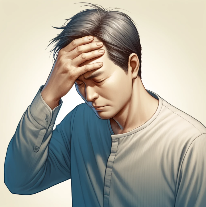 이마를 짚고 있는 한국 중년의 남성 모습
